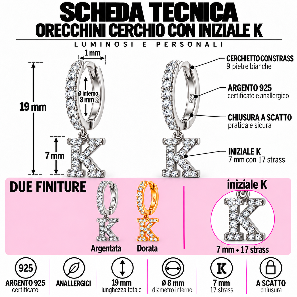 Orecchini a Cerchio con Iniziale con strass in Argento 925