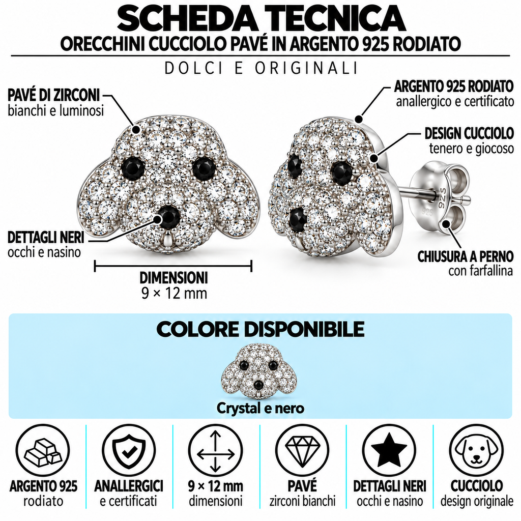 Orecchini a Lobo Cagnolino Pavé in Argento 925 Rodiato