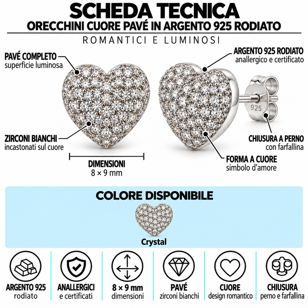 Orecchini a Lobo Cuore Pavé in Argento 925 Rodiato