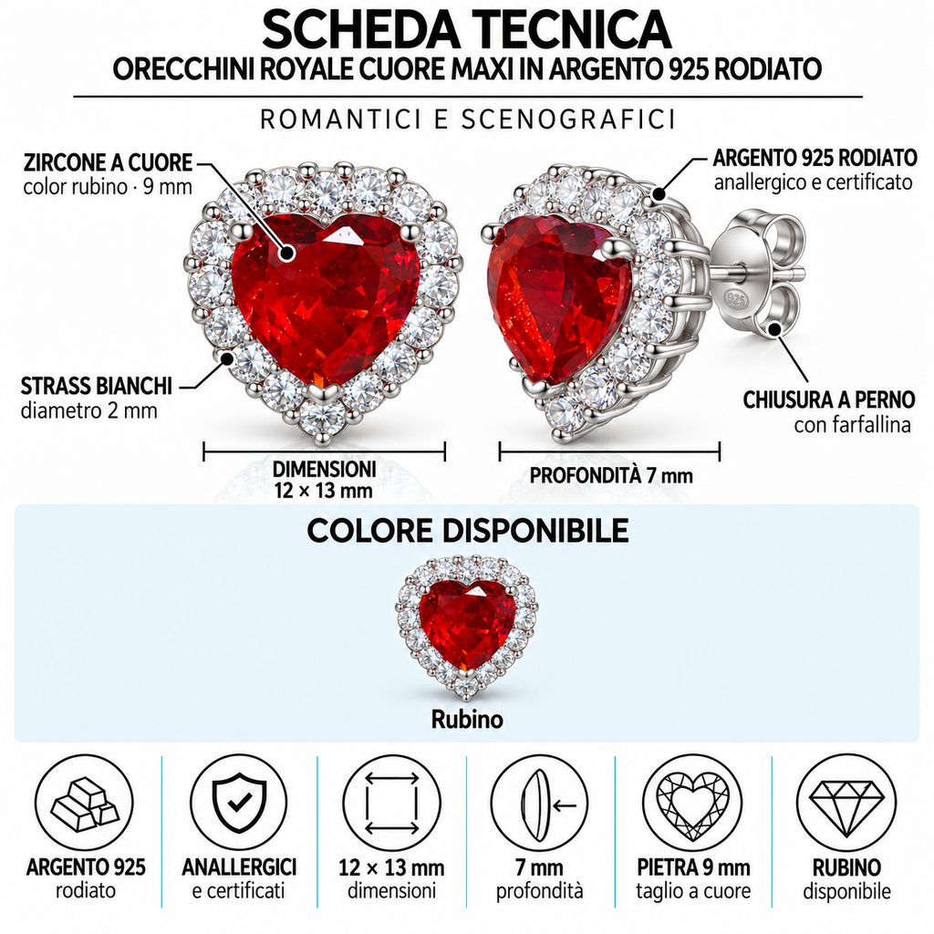 Orecchini Royale Maxi Cuore in Argento 925 Rodiato – 12 × 13 mm