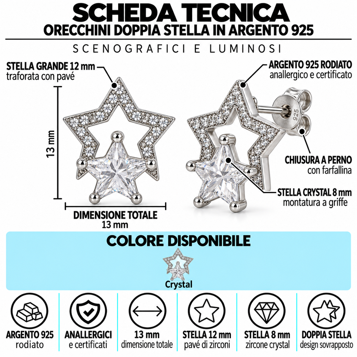 Orecchini a Lobo Doppia Stella in Argento 925 Rodiato