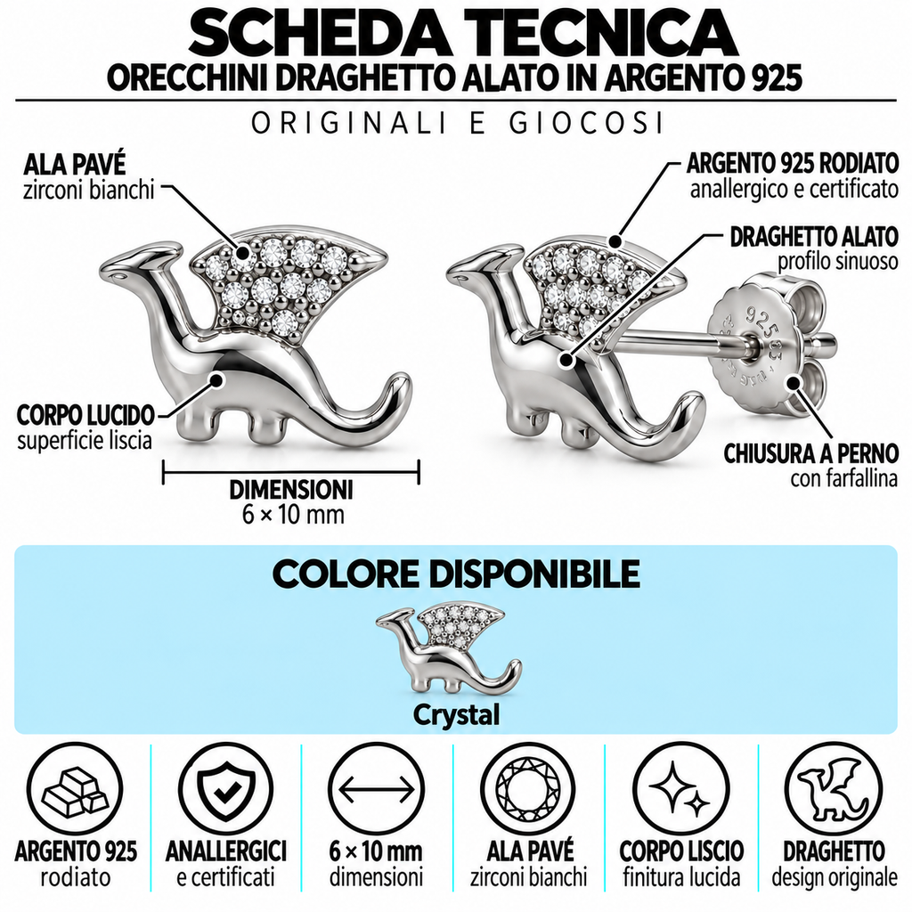 Orecchini a Lobo Draghetto alato in Argento 925 Rodiato