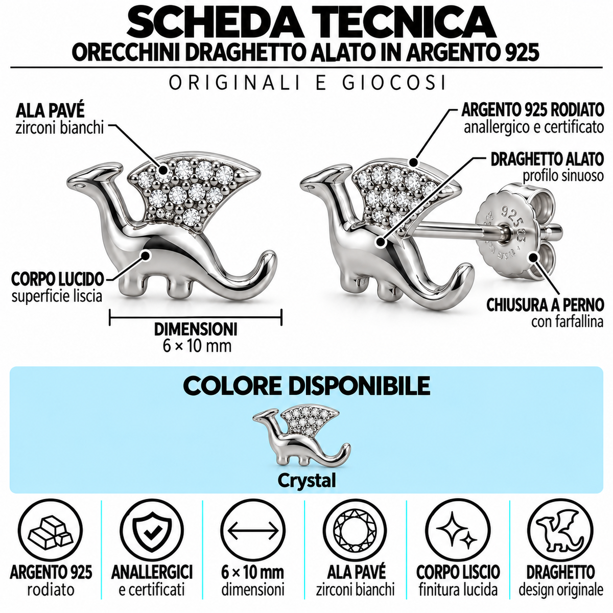 Orecchini a Lobo Draghetto alato in Argento 925 Rodiato