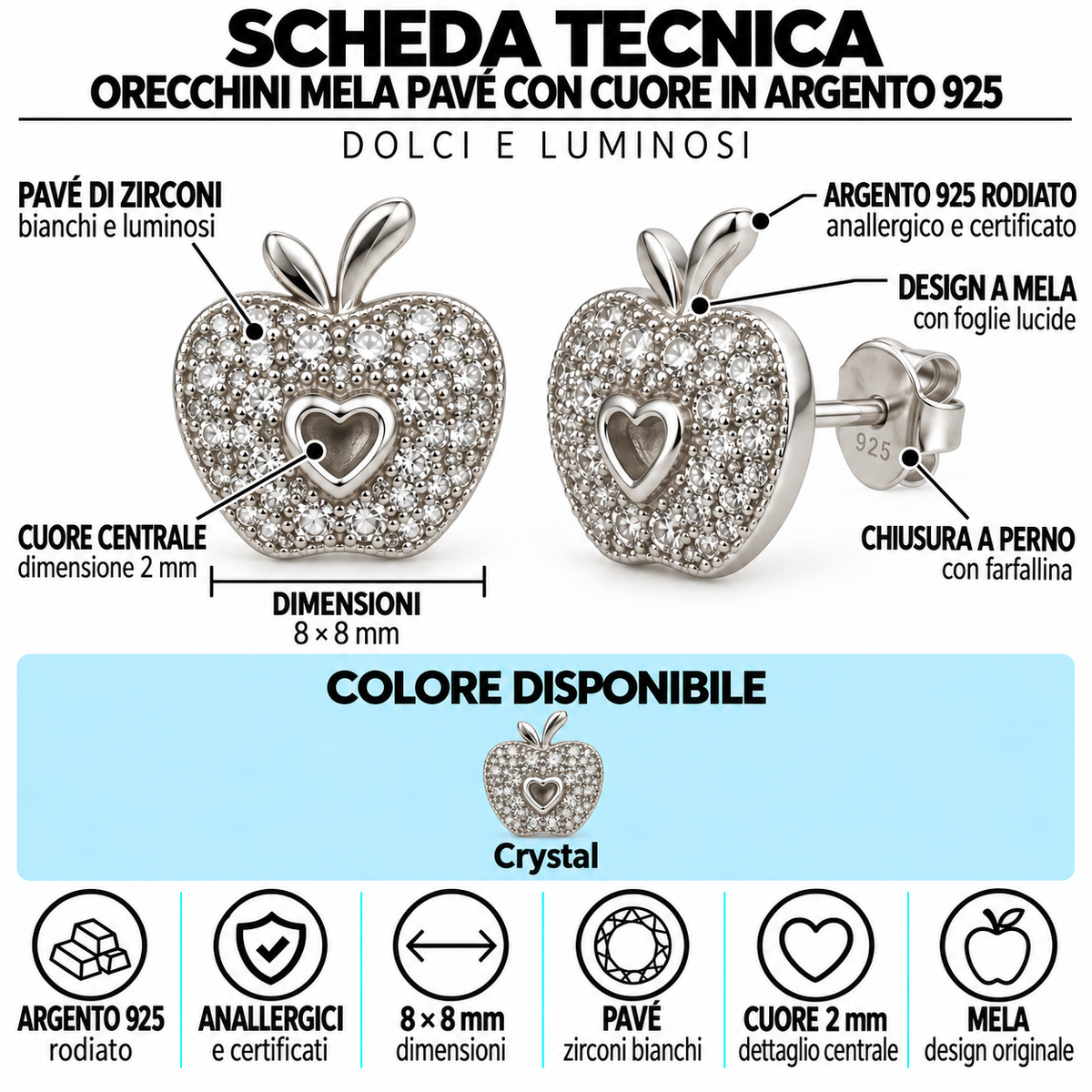 Orecchini a Lobo Mela con Cuore in Argento 925 Rodiato