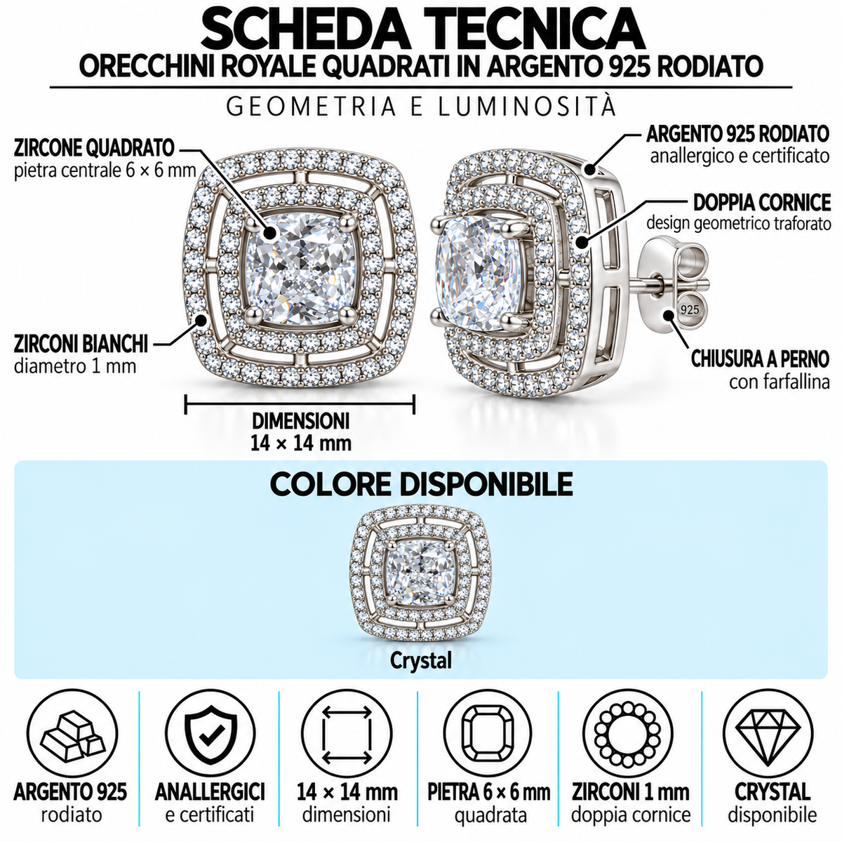 Orecchini Royale Quadrato Geometrico in Argento 925 Rodiato - 14 x 14mm