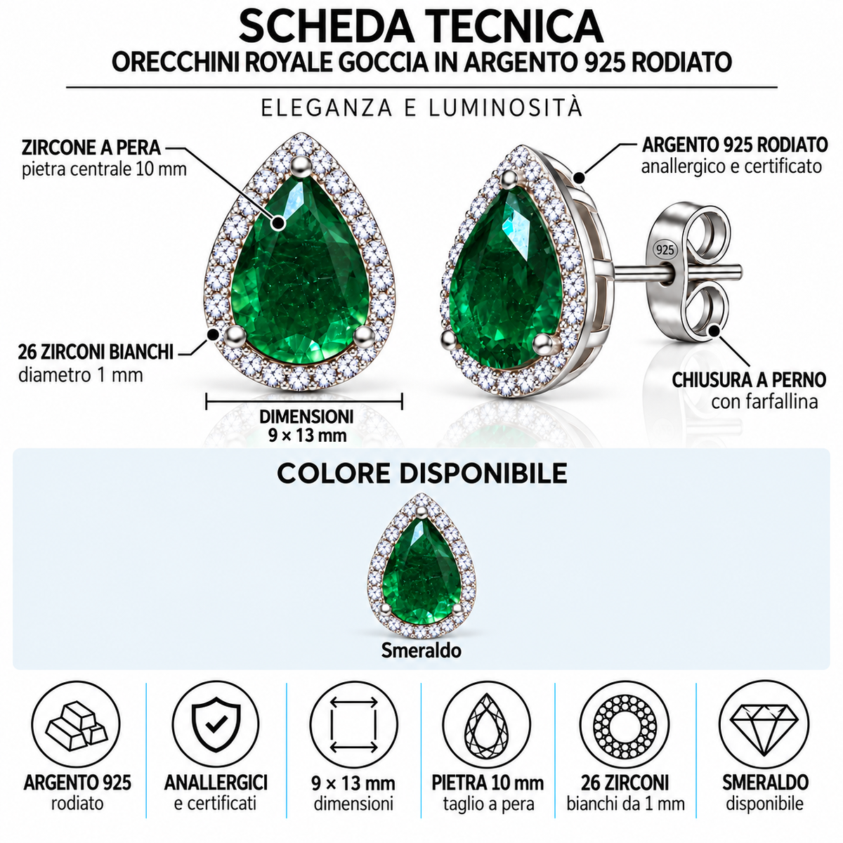 Orecchini Royale Goccia in Argento 925 Rodiato – 9 × 13 mm