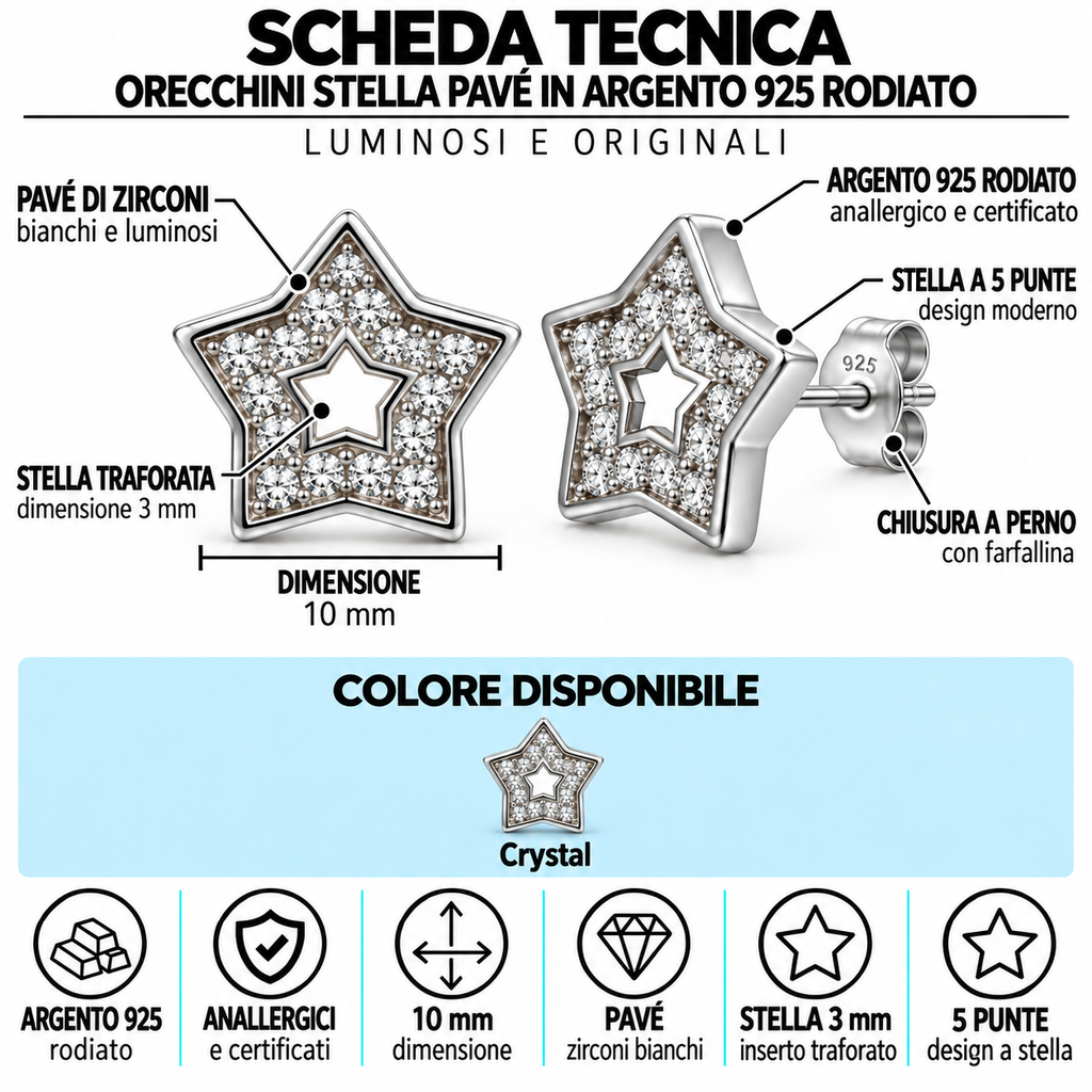 Orecchini a Lobo Doppia Stella Pavé in Argento 925 Rodiato