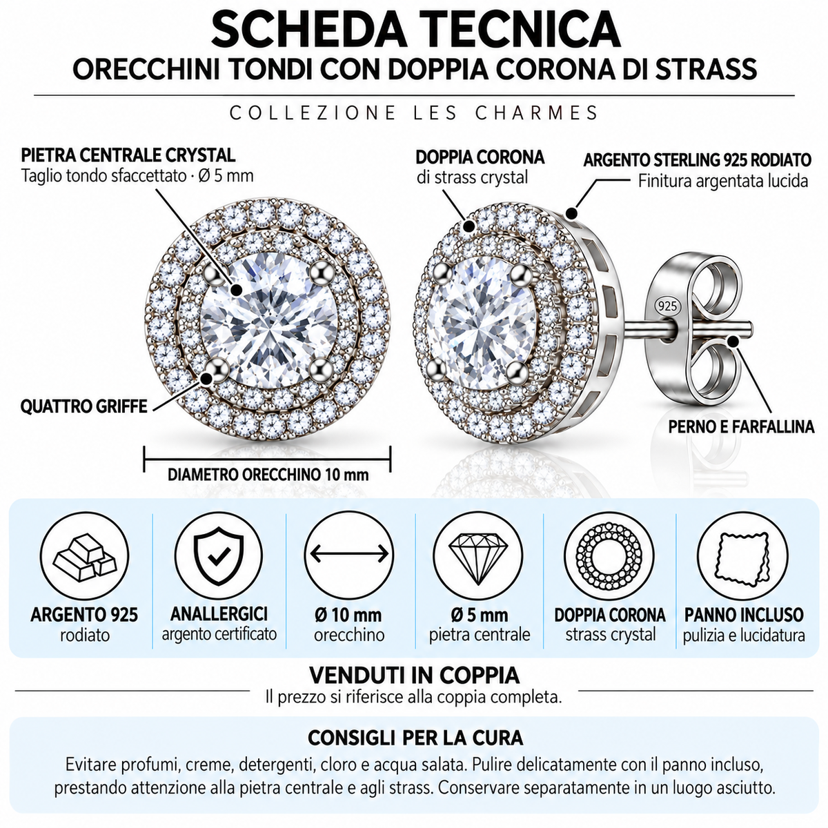 Orecchini a Lobo in Argento 925 con Pietra tonda e doppia Corona di Zirconi 10 mm