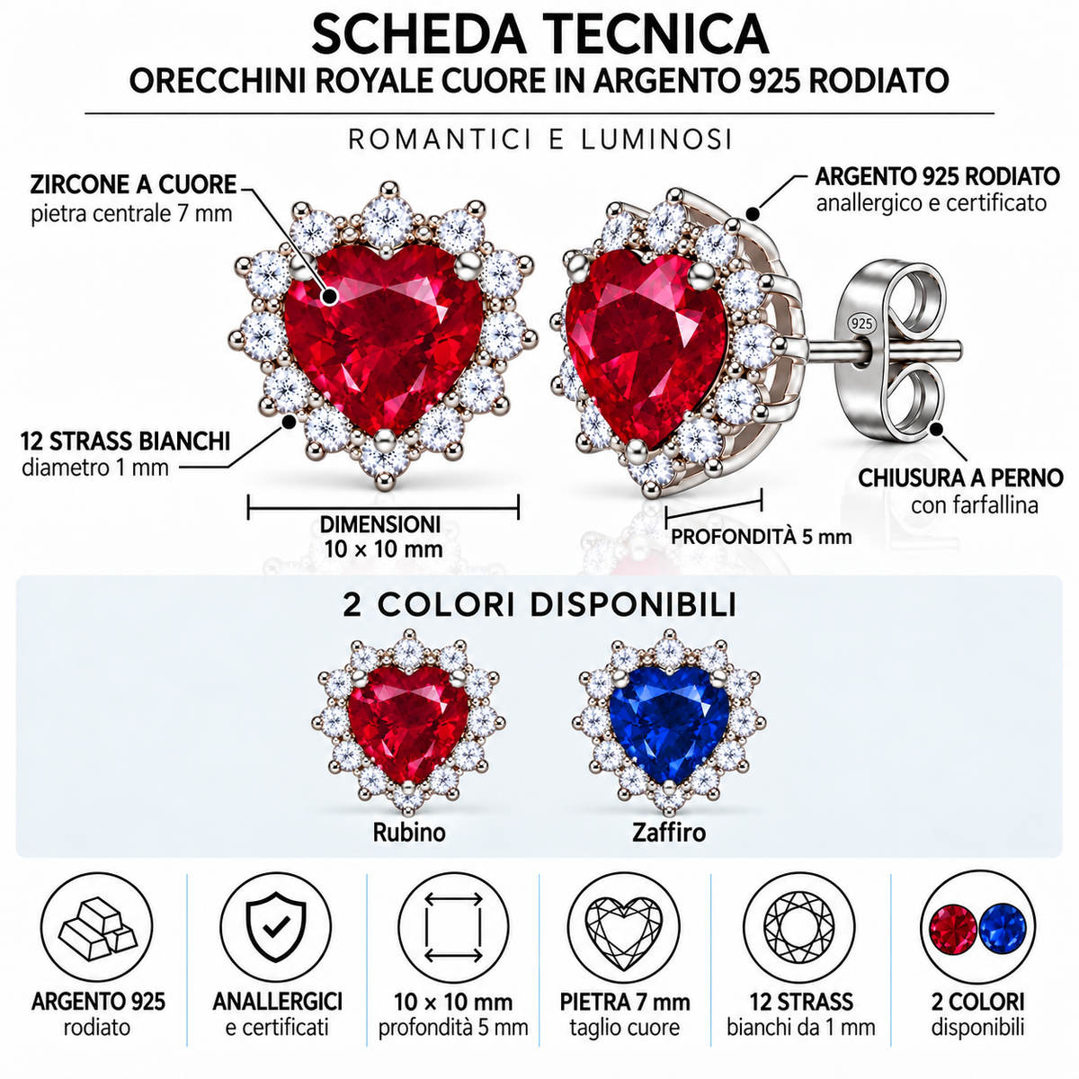 Orecchini Royale in Argento 925 Rodiato a Cuore – 10 × 10 mm