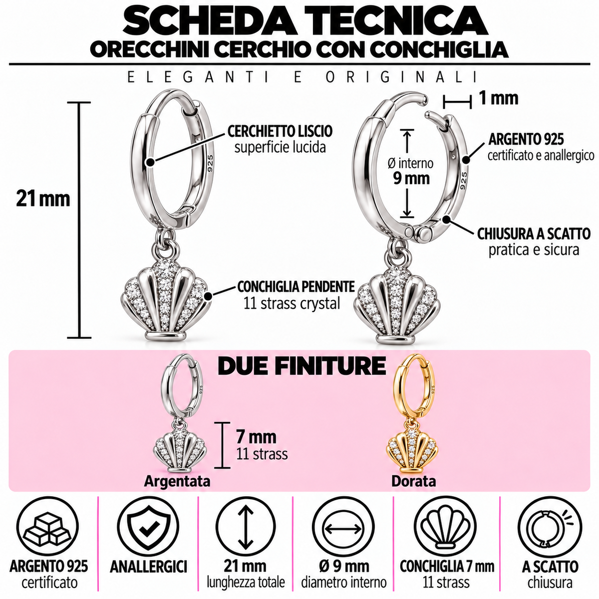 Orecchini a Cerchio con Ciondolo Conchiglia strass in Argento 925