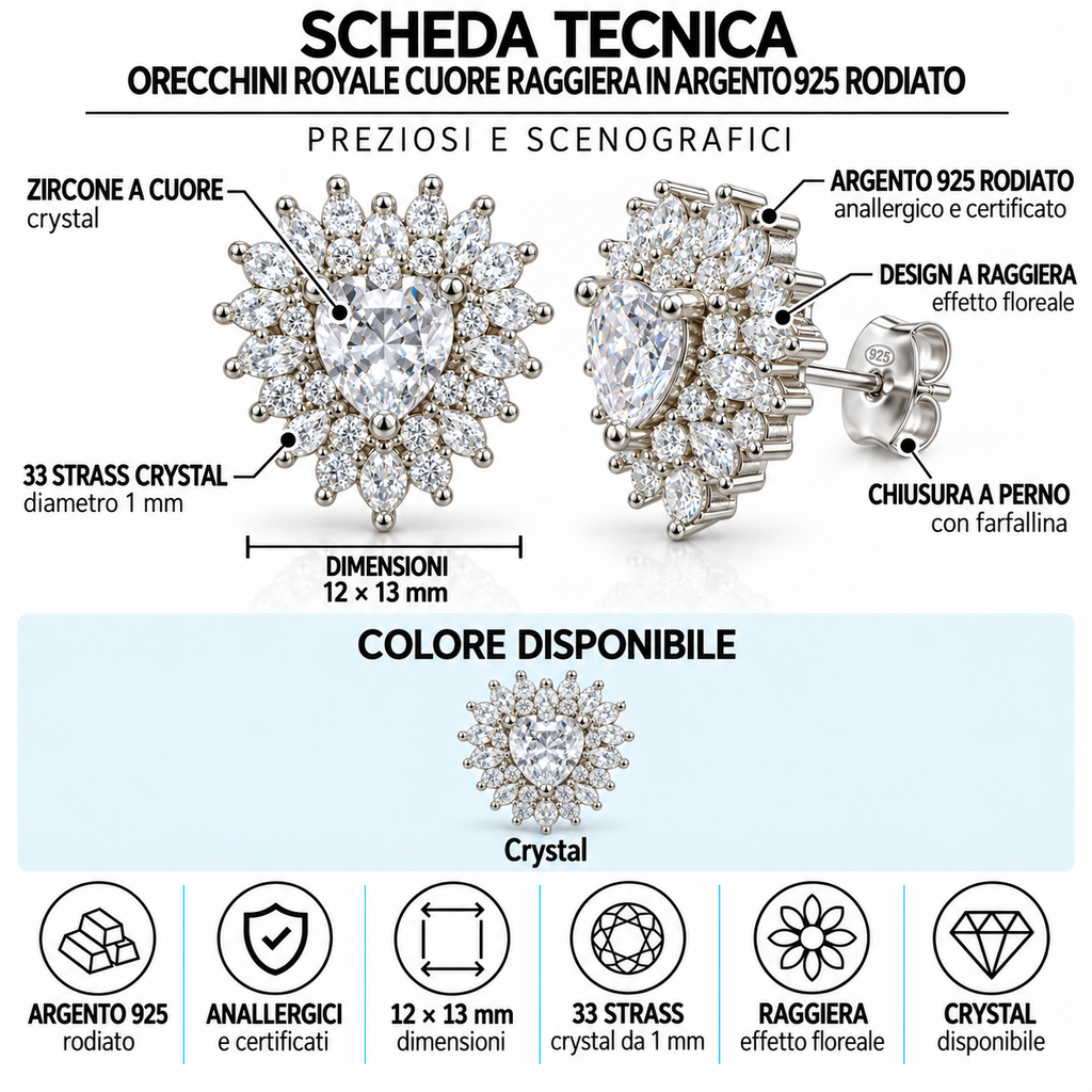 Orecchini Royale Cuore Raggiera in Argento 925 Rodiato - 13mm