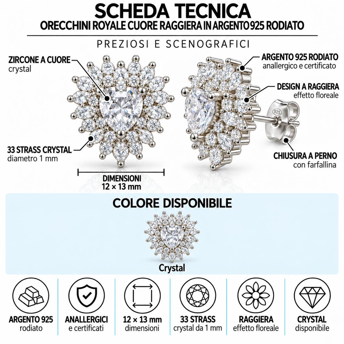 Orecchini Royale Cuore Raggiera in Argento 925 Rodiato - 13mm