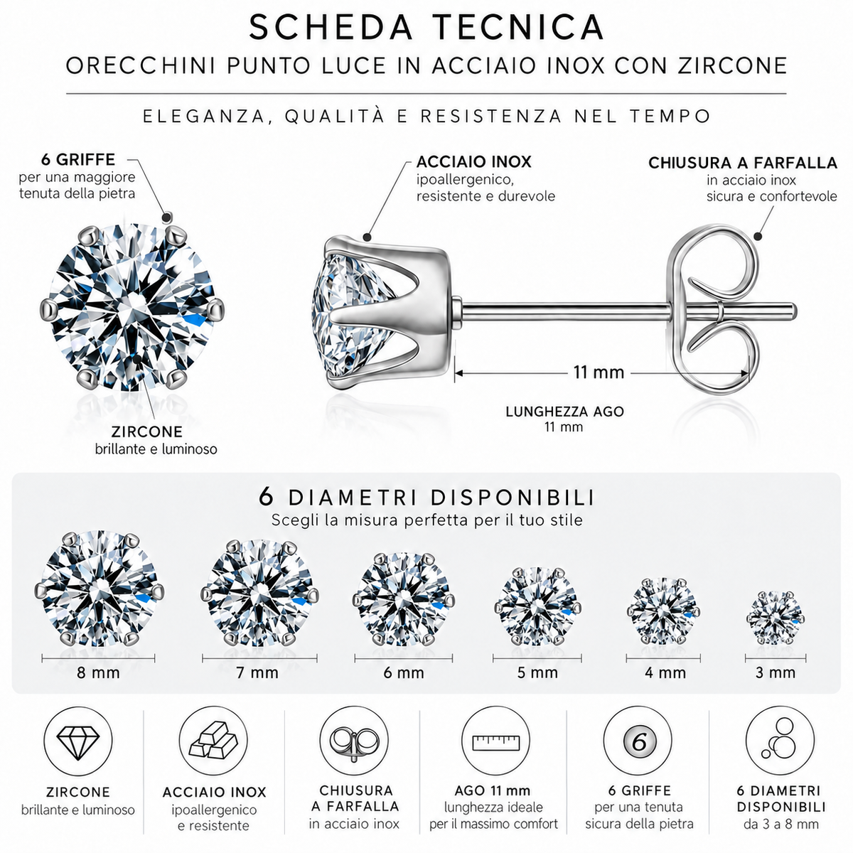 Coppia di orecchini punti luce Crystal in acciaio inox in 6 misure Les Folies