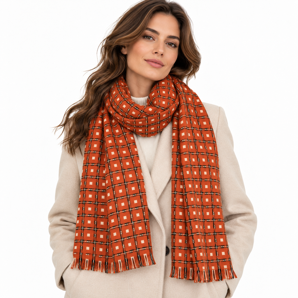 Sciarpa Donna Fantasia Geometrica a Quadri con Frange - Verde Fashion