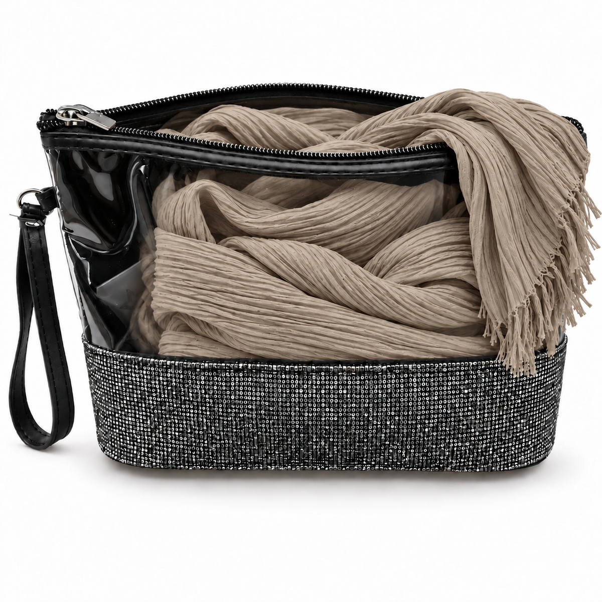 Set Regalo Donna con Sciarpa Effetto Stropicciato e Pochette Gioiello con Strass