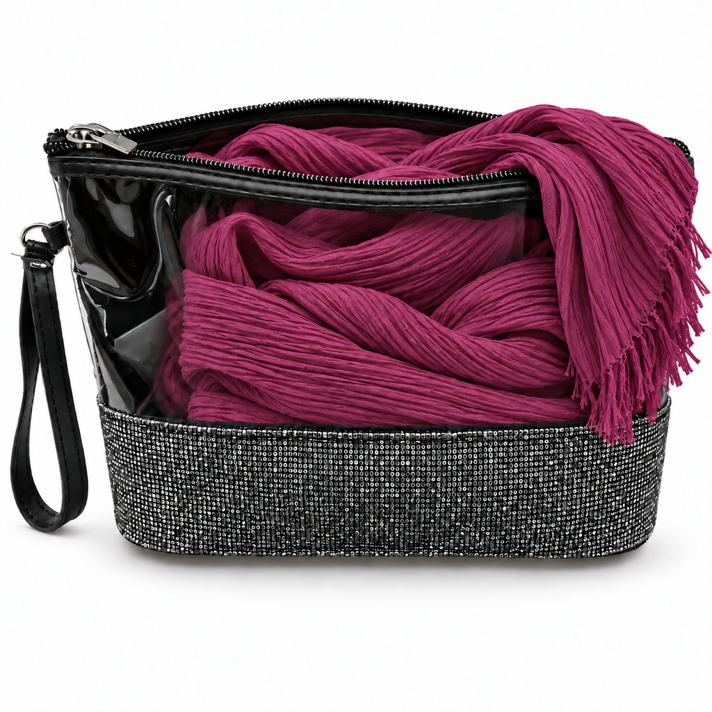 Set Regalo Donna con Sciarpa Effetto Stropicciato e Pochette Gioiello con Strass