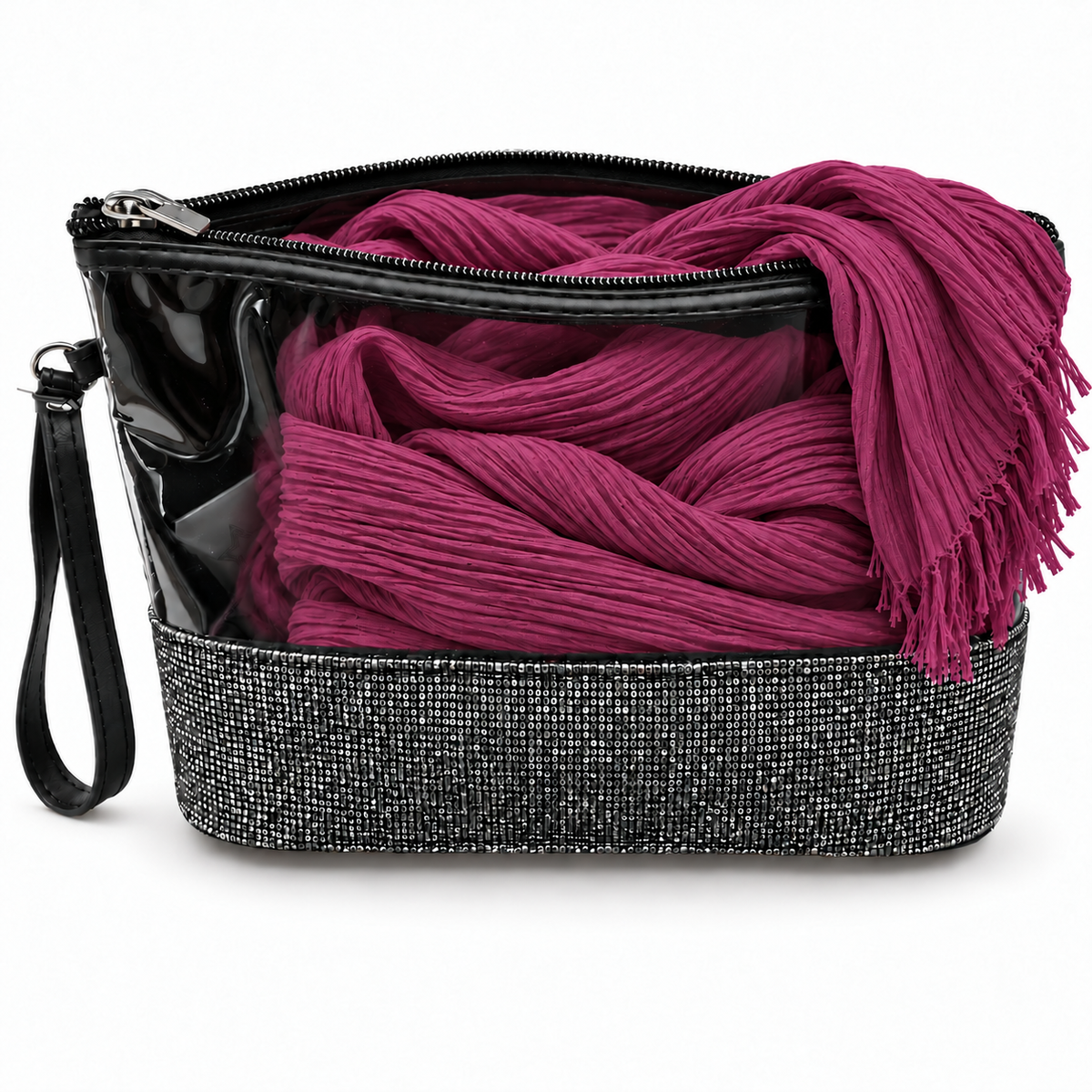 Set Regalo Donna con Sciarpa Effetto Stropicciato e Pochette Gioiello con Strass