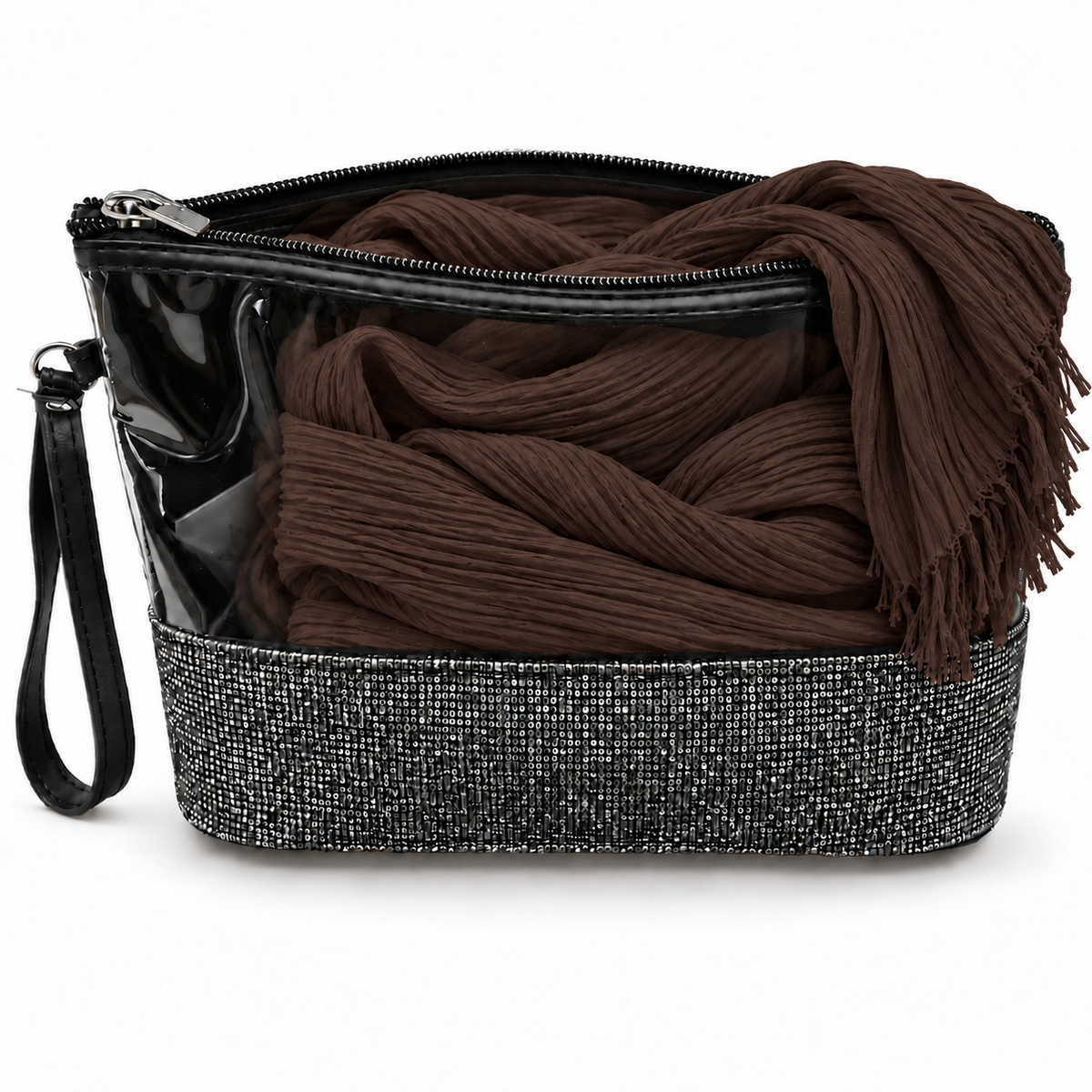 Set Regalo Donna con Sciarpa Effetto Stropicciato e Pochette Gioiello con Strass