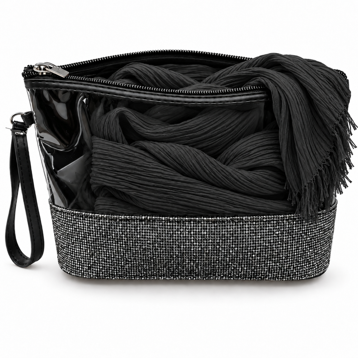 Set Regalo Donna con Sciarpa Effetto Stropicciato e Pochette Gioiello con Strass