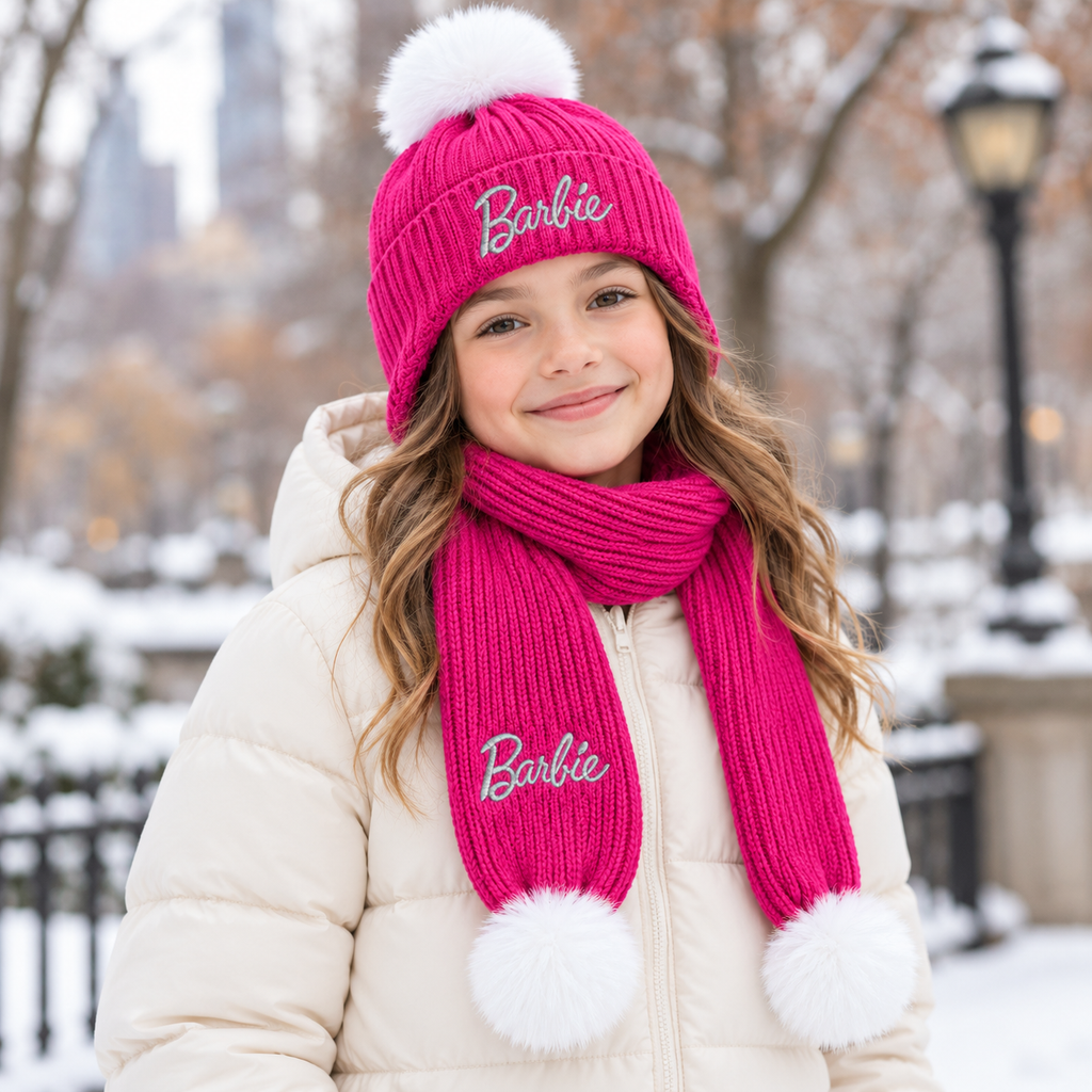 Set Barbie in Maglia con Cappello Paraorecchie e Sciarpa con Pompon