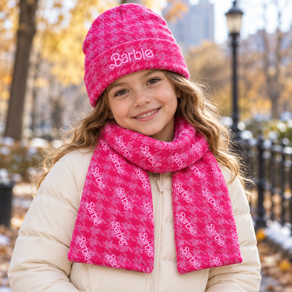 Set Barbie in Maglia Mélange con Cappello e Sciarpa a Logo Ripetuto