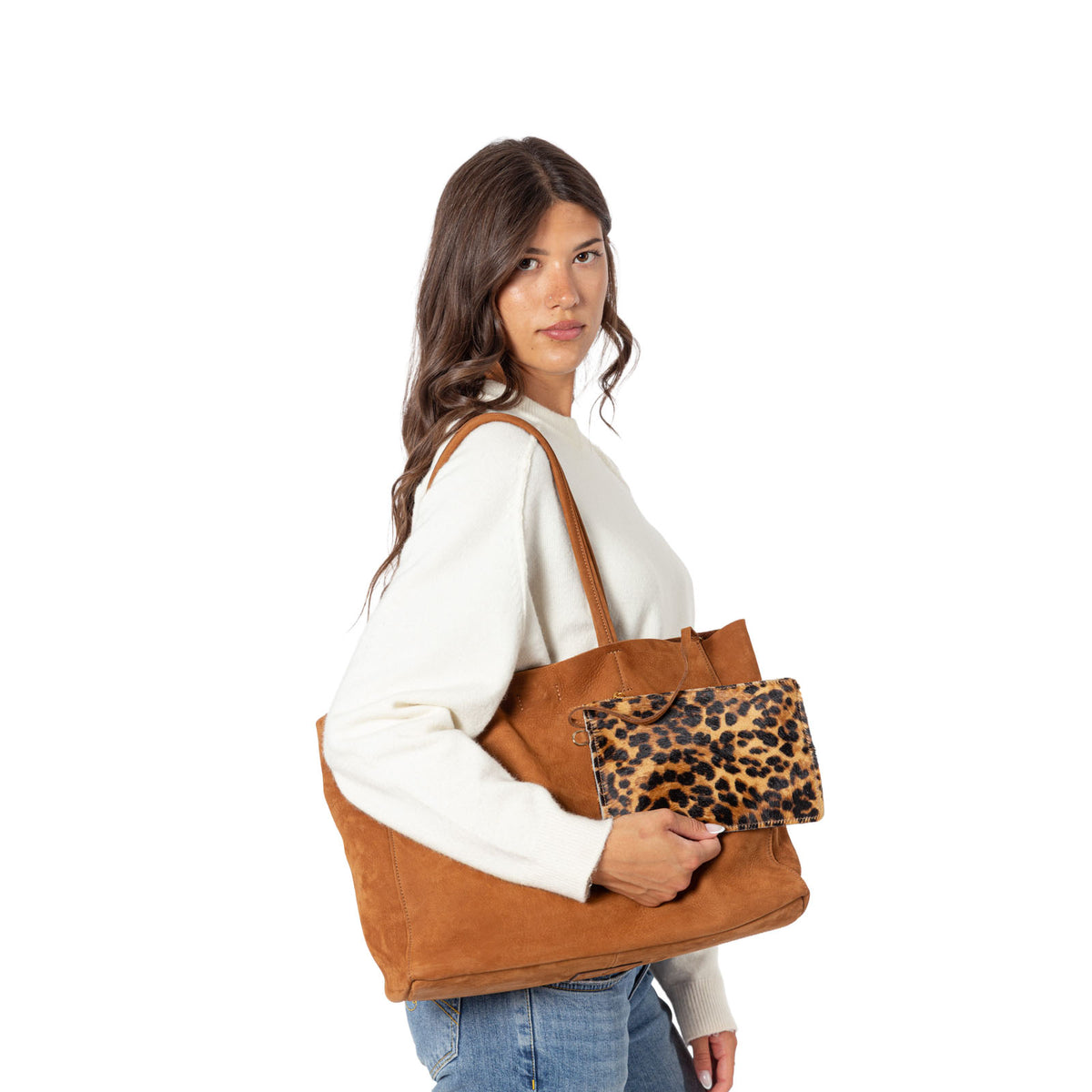 Shopper in vera pelle nabuk con pochette in cavallino Campiello Pelletteria Veneta