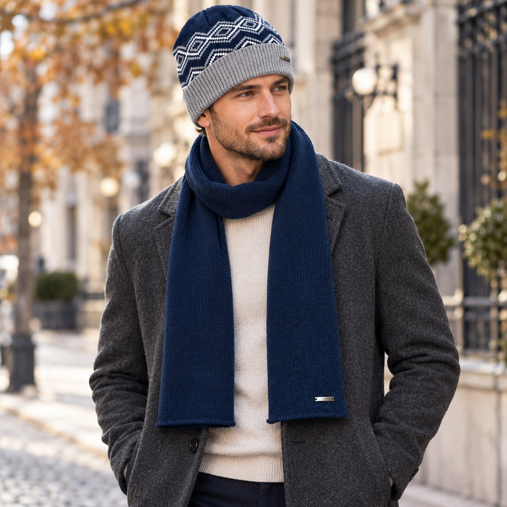 Set Uomo Gianmarco Venturi con Sciarpa e Cappello a Fantasia Geometrica