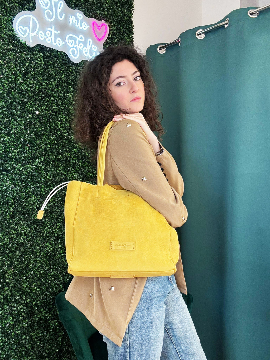 Shopper media in pelle Nabuk Pelletteria Veneta Campo in vera pelle