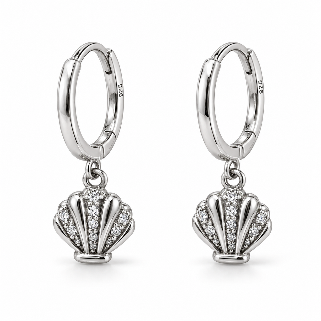 Orecchini a Cerchio con Ciondolo Conchiglia strass in Argento 925